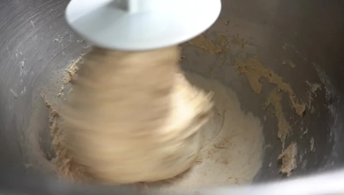 Sauerteig zum Teig geben und nochmals gut verkneten (188.6).