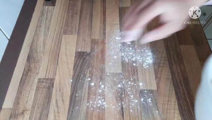 Teig auf bemehlter Fläche in zwei Teile teilen und ausrollen (253.859).