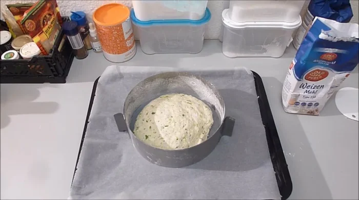 Teig in einen Tortenring (oder auf ein Backblech) geben und nochmals ca. 30 Minuten gehen lassen. (310.39)