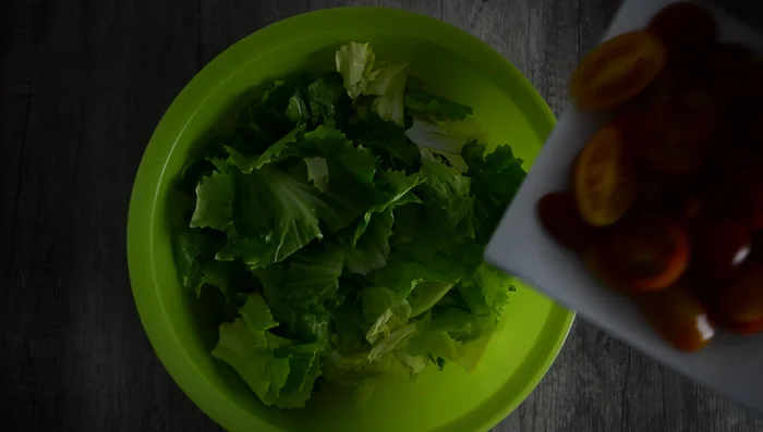 Tomaten, schwarze Oliven, Kichererbsen, Mozzarella und Kresse zum Salat geben.