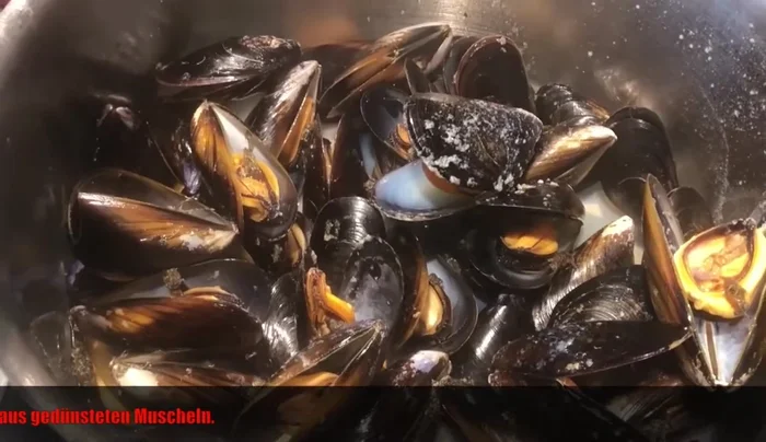 Meeresfrüchte vorbereiten: Muscheln säubern, ggf. andere Meeresfrüchte ausnehmen und abtropfen lassen.