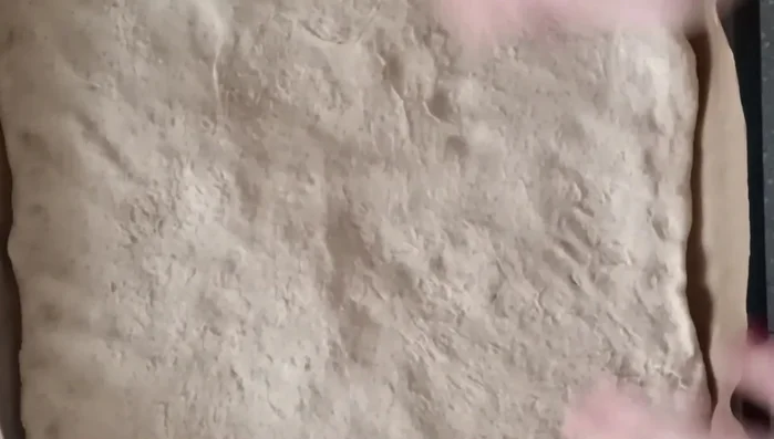 Den vorbereiteten Teig auf dem Backblech verteilen.