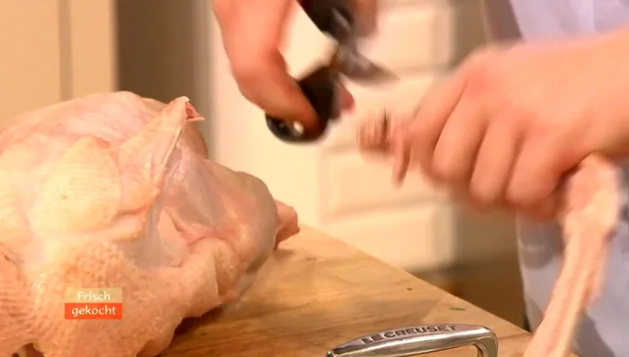 Gans waschen, Hals und Flügel abtrennen und mit der Apfel-Zwiebel-Beifuß-Mischung füllen.