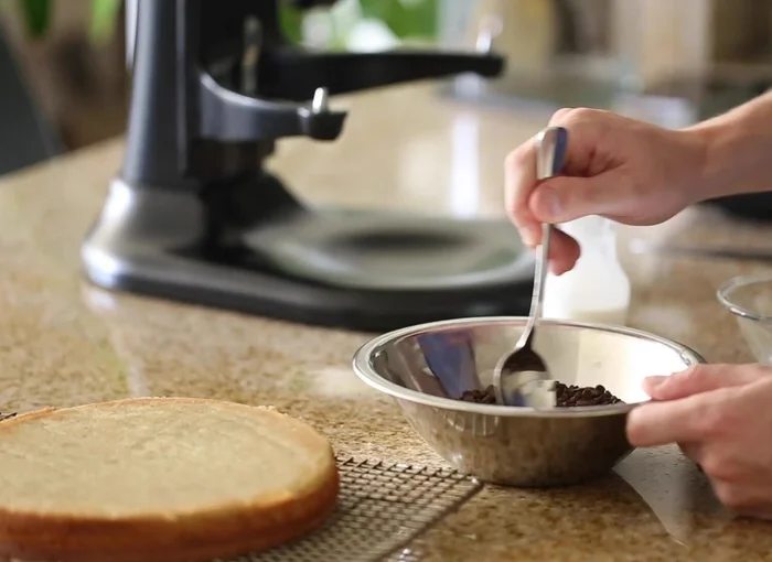 Für die Glasur: Dunkle Schokolade in einer kleinen Schüssel mit heißer Sahne verrühren, bis alles geschmolzen ist. Bloom-Gelatine mit Rum und heißem Wasser schmelzen, verrühren und zur Ganache geben.