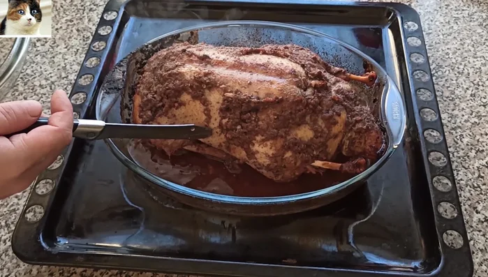 Die Garzeit prüfen, indem man mit einem Messer in die Ente sticht. Es sollte kein blutiger Saft mehr austreten.