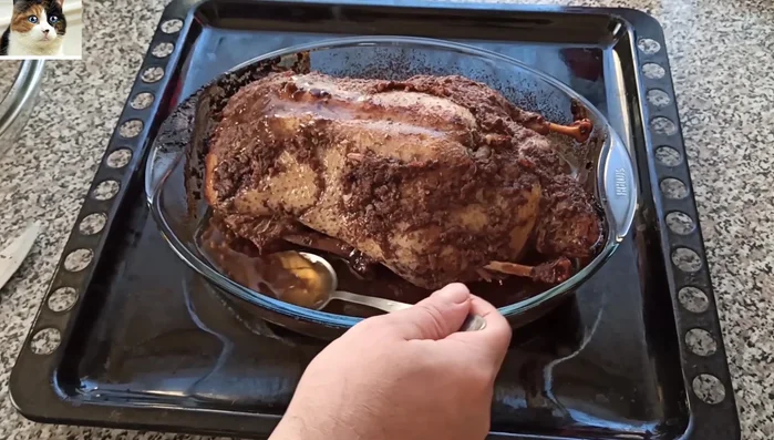 Das Entenfett über die Ente gießen.