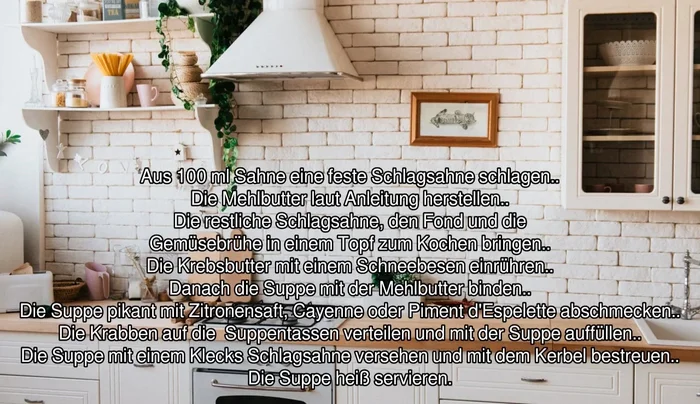 Krebsbutter mit Schneebesen einrühren. Suppe mit Mehlbutter binden (84.3).