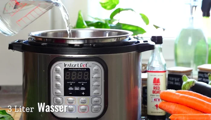 Hähnchen, inklusive Haut und Knochen, mit 3l kaltem Wasser in den Instant Pot geben (2:27.76).