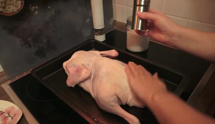 Ente mit Salz und Pfeffer einreiben und Knoblauch darauf verteilen.