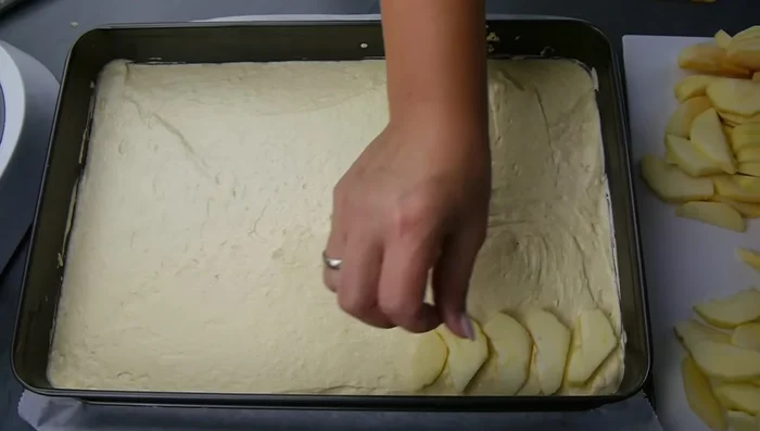 Apfelscheiben gleichmäßig auf dem Teig verteilen.