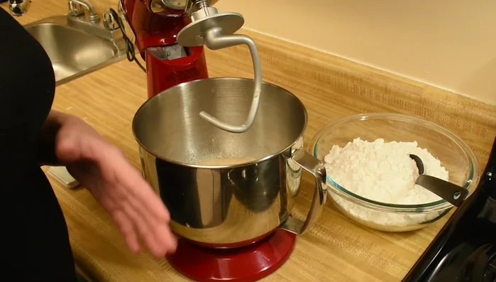 Allzweckmehl hinzufügen (ca. 1 EL beiseite stellen zum Bestäuben). 5 Minuten auf niedrigster Stufe kneten. (224.24)