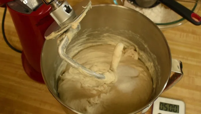 Salz hinzufügen und den Teig für die letzten 5 Minuten auf niedriger Stufe kneten. (385.449)