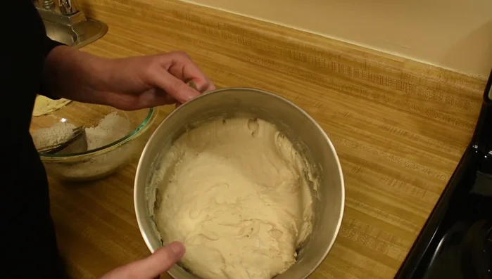 Arbeitsfläche mit Mehl bestäuben. Den restlichen Teig auf der bemehlten Fläche bearbeiten. (453.159)