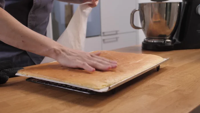 Biskuit auf ein mit Zucker bestreutes Backblech stürzen und auskühlen lassen.